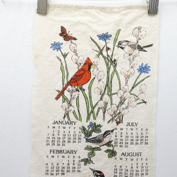 4/$20 1990 Calender Linen Wall Hanging Floral Song Birds Cardinal Wren Bluebird - Picture 2 of 5
